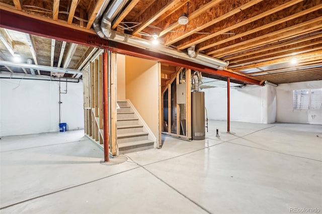 basement with electric panel and water heater