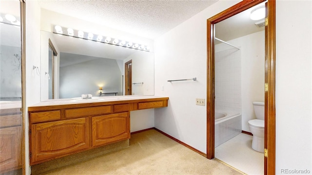 full bathroom featuring visible vents, toilet, vanity, a textured ceiling, and shower / bathtub combination