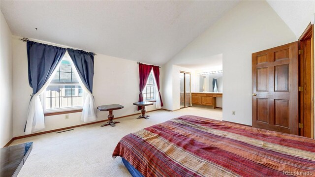 bedroom with carpet flooring, visible vents, baseboards, and multiple windows