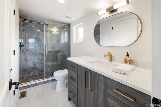 1953 W 47th Ave, Denver, CO 80211 - full bathroom with vanity, a stall shower, toilet, and visible vents