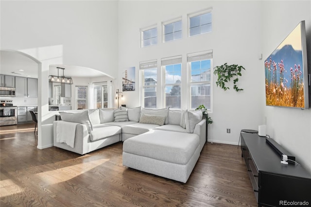 living room featuring dark hardwood / wood-style flooring, a high ceiling, and a chandelier