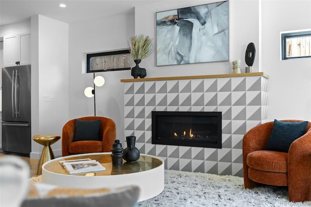 3409 Navajo St, Denver, CO 80211 - living area featuring a tile fireplace and recessed lighting