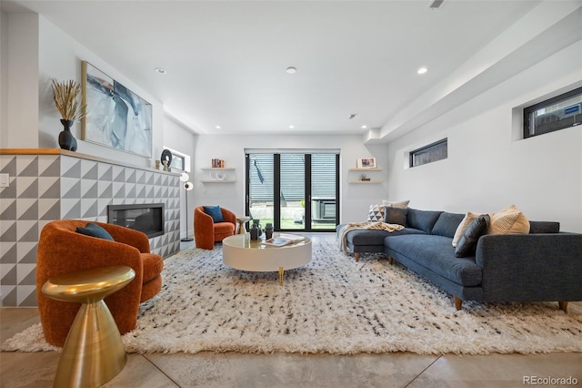 3409 Navajo St, Denver, CO 80211 - living area with a tiled fireplace and recessed lighting
