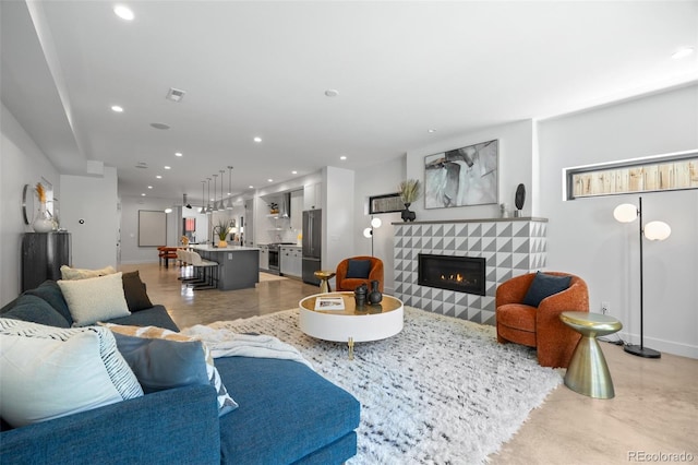 3409 Navajo St, Denver, CO 80211 - living area with baseboards, recessed lighting, and a fireplace