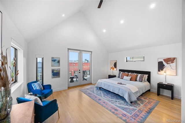 3409 Navajo St, Denver, CO 80211 - bedroom with access to exterior, high vaulted ceiling, light wood-type flooring, french doors, and recessed lighting