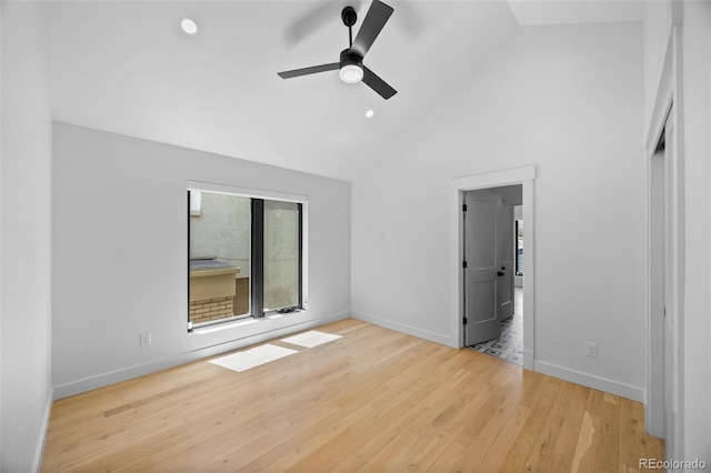3409 Navajo St, Denver, CO 80211 - unfurnished bedroom featuring high vaulted ceiling, wood finished floors, baseboards, recessed lighting, and a ceiling fan