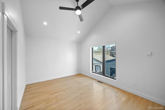 3409 Navajo St, Denver, CO 80211 - empty room featuring ceiling fan, wood finished floors, recessed lighting, high vaulted ceiling, and baseboards