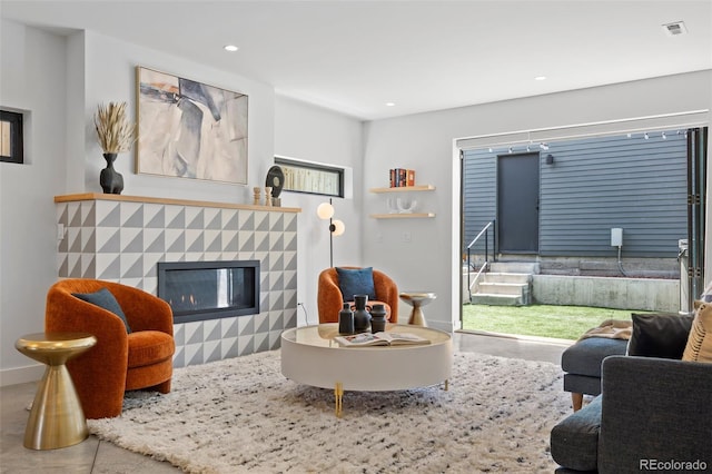 3409 Navajo St, Denver, CO 80211 - living area with a tile fireplace and recessed lighting