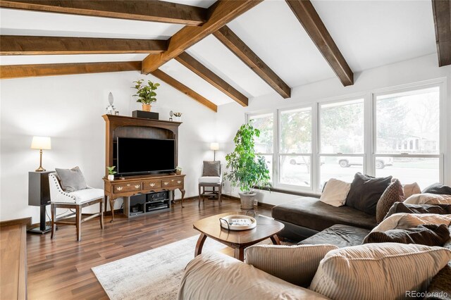 living room with lofted ceiling with beams and wood finished floors