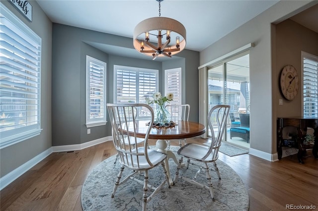 dining room featuring baseboards, a notable chandelier, a healthy amount of sunlight, and wood finished floors