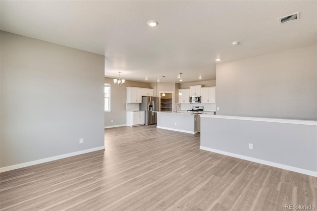 unfurnished living room with sink, an inviting chandelier, and light hardwood / wood-style flooring