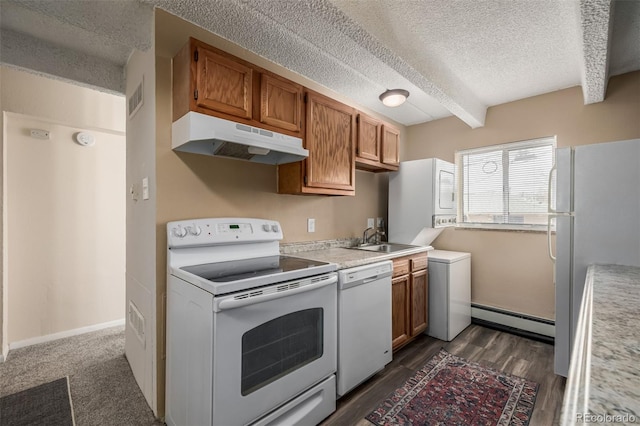 kitchen featuring sink, white appliances, beam ceiling, a textured ceiling, and a baseboard radiator