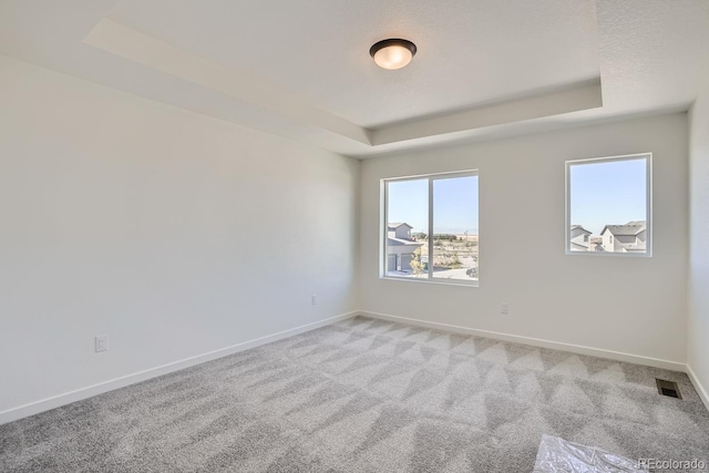 carpeted spare room with a tray ceiling