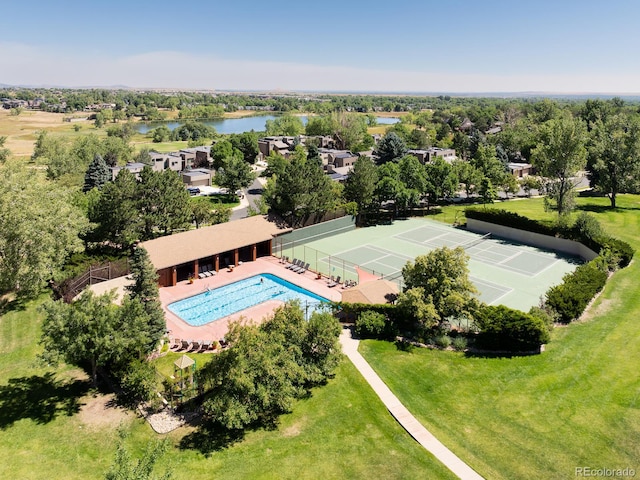 aerial view featuring a water view