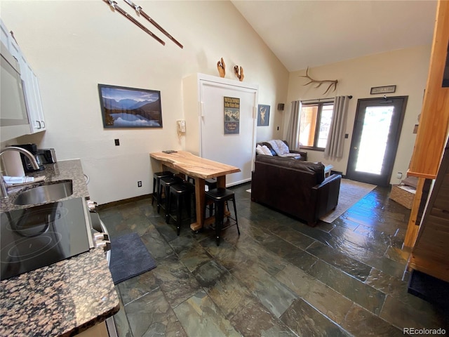 living area with high vaulted ceiling, stone finish flooring, and baseboards