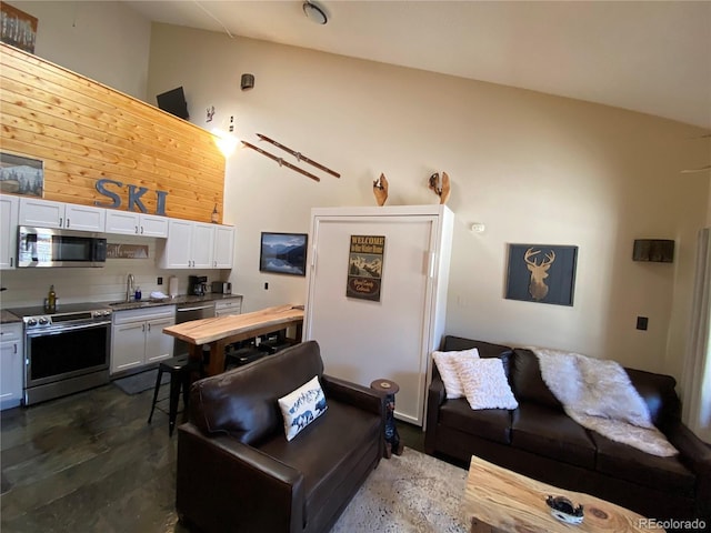 living area featuring high vaulted ceiling