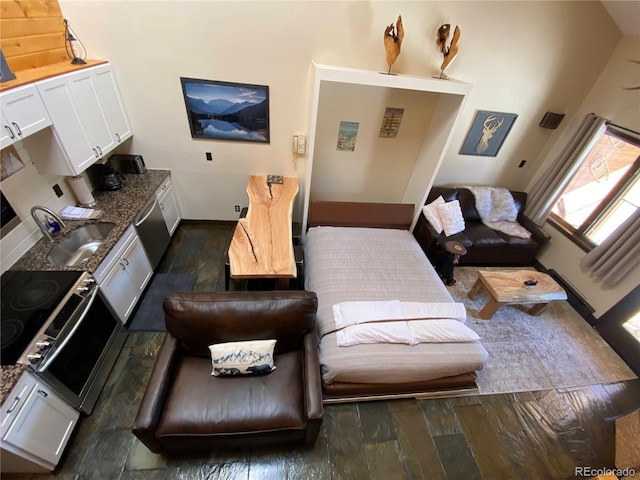 living room featuring dark wood-type flooring