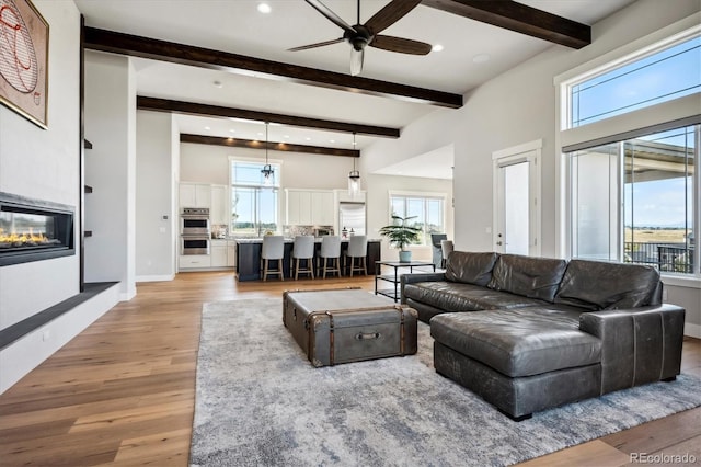 living room with beam ceiling, light hardwood / wood-style floors, and ceiling fan