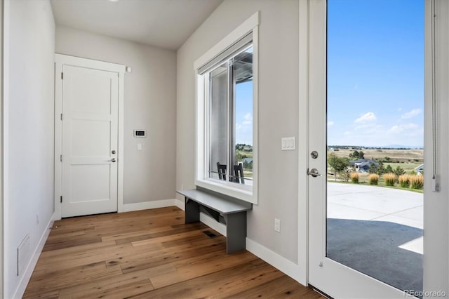 doorway with light wood-type flooring