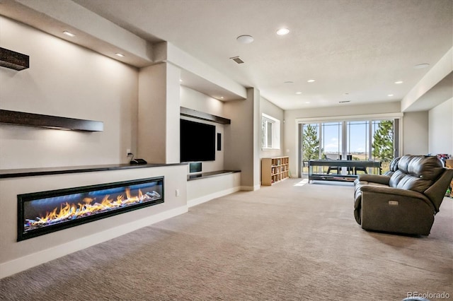 living room with light colored carpet