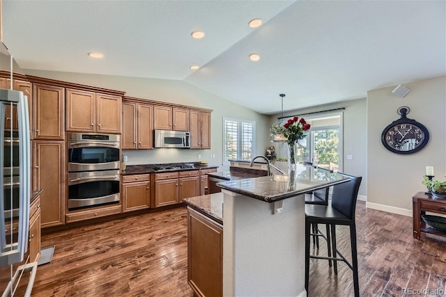 kitchen featuring appliances with stainless steel finishes, dark hardwood / wood-style floors, vaulted ceiling, and a kitchen island with sink