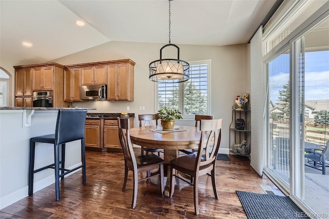 dining room featuring vaulted ceiling and dark hardwood / wood-style flooring