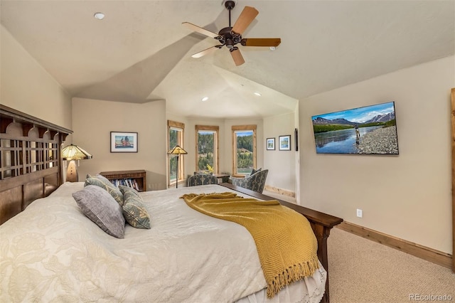 309 Eastridge Dr, Dillon, CO 80435 - carpeted bedroom with recessed lighting, vaulted ceiling, and a ceiling fan