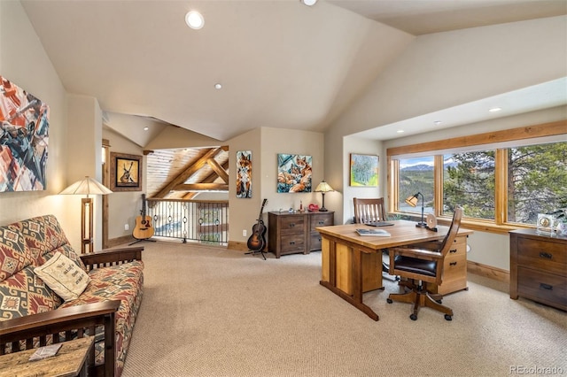 309 Eastridge Dr, Dillon, CO 80435 - office with vaulted ceiling, light colored carpet, and recessed lighting