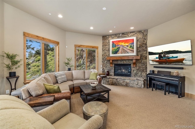 309 Eastridge Dr, Dillon, CO 80435 - living room with recessed lighting, carpet flooring, and a stone fireplace