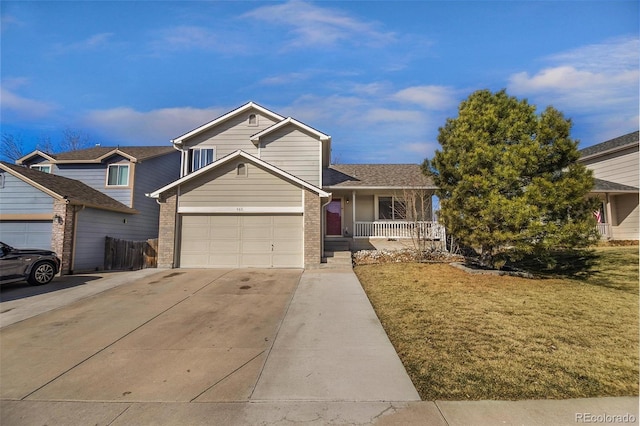 split level home with brick siding, an attached garage, a front yard, covered porch, and driveway