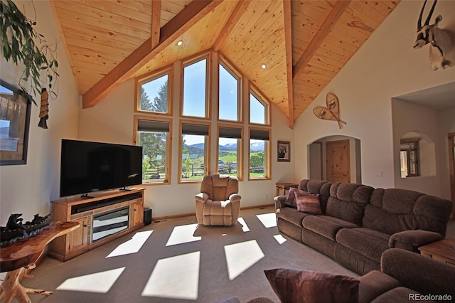 living room featuring high vaulted ceiling, beam ceiling, and wood ceiling