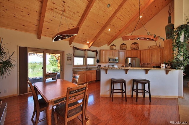 dining space featuring beamed ceiling, wood-type flooring, high vaulted ceiling, sink, and wood ceiling