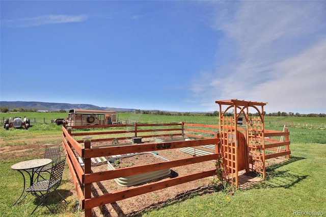 exterior space featuring a rural view and a lawn