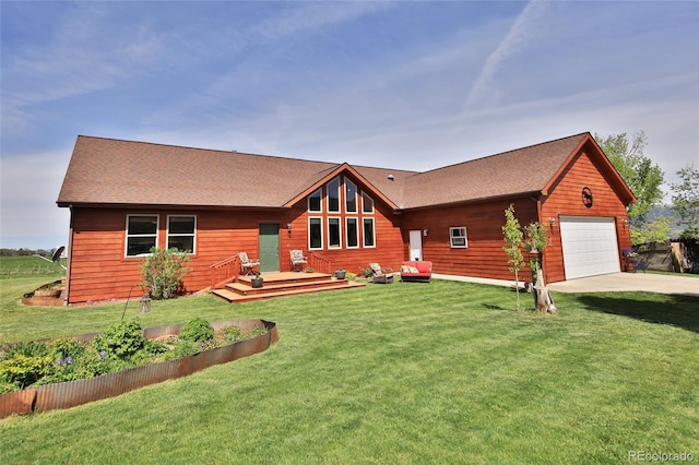 log home with a garage and a front lawn