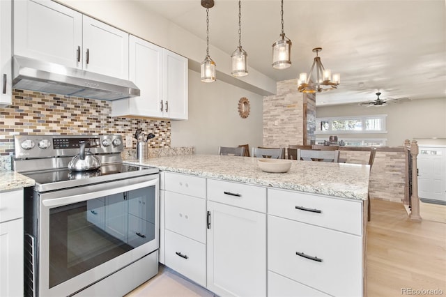 200 Primrose Path Unit 11, Breckenridge, CO 80424 - kitchen with electric stove, under cabinet range hood, a peninsula, backsplash, and white cabinetry