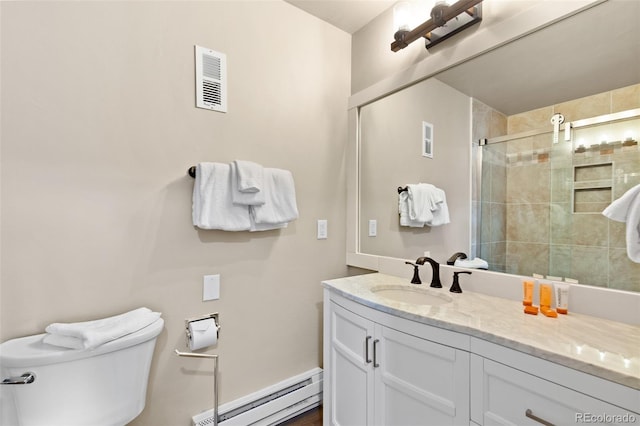 200 Primrose Path Unit 11, Breckenridge, CO 80424 - bathroom featuring a baseboard radiator, toilet, vanity, and a shower stall