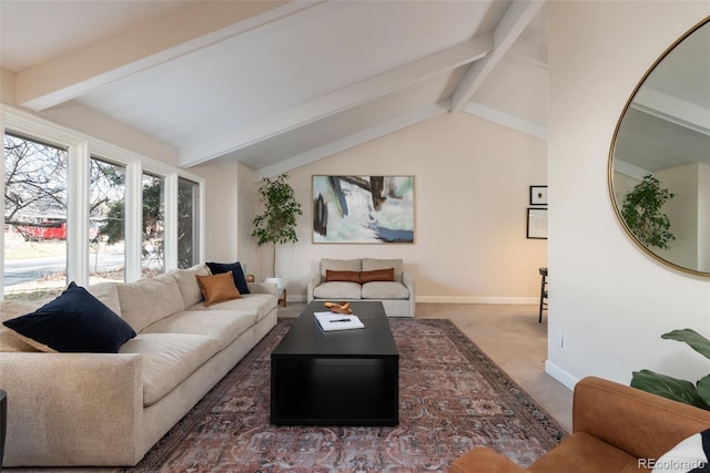 living room with carpet and lofted ceiling with beams