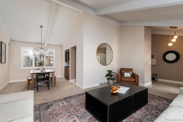 living room featuring carpet floors and lofted ceiling with beams