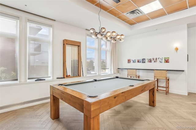3601 Arapahoe Ave Unit 226, Boulder, CO 80303 - rec room with baseboards, a chandelier, pool table, and a tray ceiling