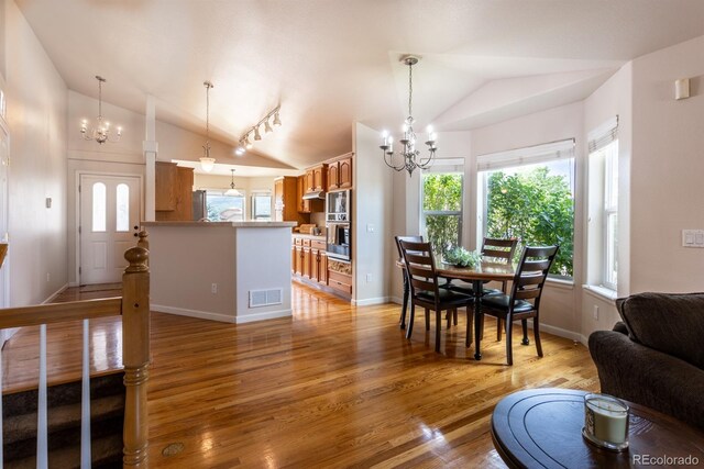 dining space featuring a notable chandelier, light hardwood / wood-style flooring, a healthy amount of sunlight, and track lighting