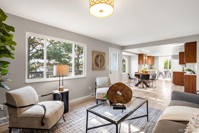 living room featuring healthy amount of natural light, light wood finished floors, and baseboards
