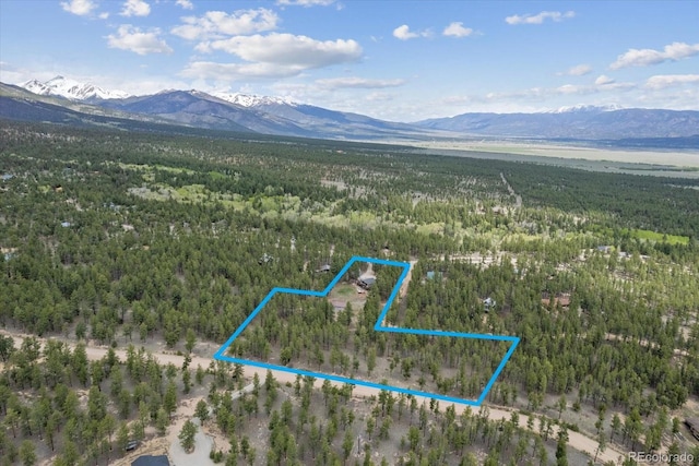 bird's eye view with a mountain view and a forest view