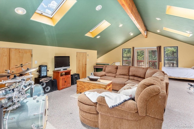 living area with recessed lighting, lofted ceiling with skylight, and carpet floors