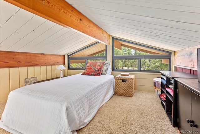 carpeted bedroom featuring wood ceiling, wood walls, and lofted ceiling with beams