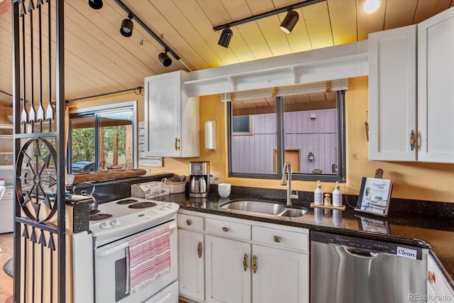 kitchen with a sink, white cabinets, track lighting, stainless steel dishwasher, and white range with electric stovetop