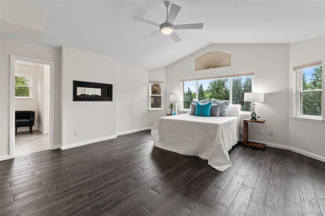 5980 Dunraven Ct, Golden, CO 80403 - bedroom with dark wood-style flooring, multiple windows, lofted ceiling, and ceiling fan