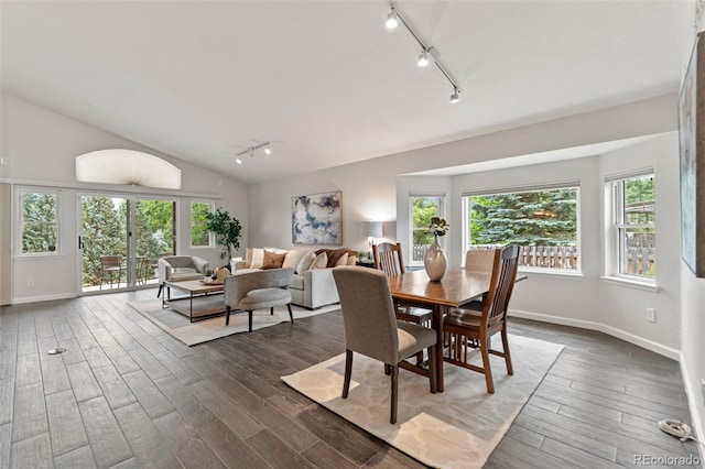 5980 Dunraven Ct, Golden, CO 80403 - dining area featuring track lighting, healthy amount of natural light, dark wood-style flooring, and vaulted ceiling
