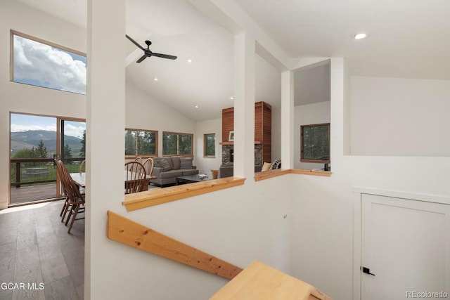 452 Gcr 835, Fraser, CO 80442 - kitchen with a ceiling fan, recessed lighting, wood finished floors, high vaulted ceiling, and a mountain view