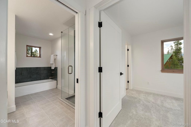 452 Gcr 835, Fraser, CO 80442 - bathroom featuring a garden tub, a stall shower, tile patterned floors, and recessed lighting