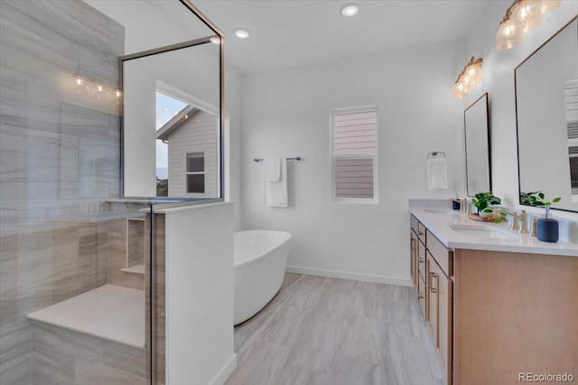 900 Eldorado Ln, Louisville, CO 80027 - full bath featuring double vanity, a soaking tub, tiled shower, and recessed lighting